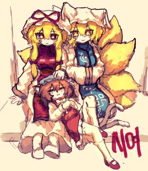 Rule 34 | 3girls, animal ears, animal hat, blonde hair, blue tabard, brown hair, cat ears, cat girl, cat tail, chen, commentary, crossed arms, dress, fox girl, fox tail, green hat, hair between eyes, hand on another's head, hands in opposite sleeves, hat, hat ribbon, highres, korean commentary, lap pillow, long hair, long sleeves, medium hair, mob cap, multiple girls, multiple tails, nekomata, purple eyes, purple tabard, rampa93, red dress, red ribbon, ribbon, sitting, smile, tabard, tail, touhou, translation request, two tails, white dress, white hat, yakumo family (touhou), yakumo ran, yakumo yukari, yellow eyes
