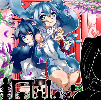 1other 2boys animal_ears character_doll commentary deformed doll green_eyes hand_on_own_chest kenma-kun kenma-kun_(kunsei) knee_up koushinism multiple_boys nise_kenma-kun outstretched_arm rabbit_ears rabbit_tail shadow_puppet tail trap yuubinuke