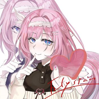 1girl 63_(lofter_258328038311) black_shirt blue_eyes breasts character_name chinese_commentary commentary_request elf elysia_(honkai_impact) grey_sweater hairband heart highres honkai_(series) honkai_impact_3rd long_hair looking_at_viewer medium_breasts pink_hair pointy_ears shirt simple_background smile solo sweater upper_body very_long_hair white_background white_hairband zoom_layer