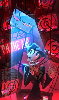 Rule 34 | 2boys, black hat, black pants, blue eyes, blue suit, bow, bowtie, cable, closed mouth, cocked eyebrow, english text, flat screen tv, formal clothes, glitch, hands up, hat, hazbin hotel, hellaverse, highres, humanization, hypnosis, looking up, mind control, multicolored hair, multiple boys, nonono nagata, open mouth, pants, red bow, red bowtie, red eyes, screen light, standing, static, suit, surprised, symbol-shaped pupils, teeth, television, top hat, translated, triangle-shaped pupils, twitter username, two-tone hair, upper teeth only, vox (hazbin hotel), vox (human) (hazbin hotel), wi-fi symbol