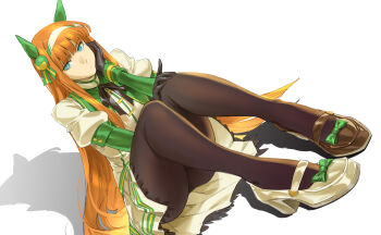 1girl animal_ears artist_name asymmetrical_footwear black_gloves black_pantyhose blue_eyes blunt_bangs dress dutch_angle ear_covers gloves green_eyes highres horse_ears horse_girl long_hair looking_at_viewer orange_hair pantyhose ruukii_drift silence_suzuka_(innocent_silence)_(umamusume) silence_suzuka_(umamusume) sitting solo umamusume very_long_hair white_background