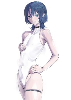 Rule 34 | 1girl, absurdres, alternate costume, bare shoulders, belt collar, black collar, blue eyes, blue eyeshadow, blue hair, collar, covered navel, cowboy shot, dalcom, eyeshadow, flat chest, hand on own chest, hand on own hip, highres, hiodoshi ao, hololive, hololive dev is, leotard, looking at viewer, makeup, medium hair, mole, mole under mouth, simple background, skindentation, smile, solo, standing, thigh strap, virtual youtuber, white background, white leotard