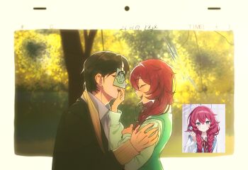 1boy 1girl black_hair blue_archive blue_eyes blue_halo blush closed_eyes commentary_request covering_another's_mouth dated dress_shirt halo hand_over_another's_mouth hands_on_another's_shoulders hetero highres iroha_(blue_archive) korean_commentary long_hair long_sleeves official_alternate_costume official_alternate_hairstyle open_mouth outdoors red_hair reference_inset school_uniform sensei_(blue_archive) shirt size_difference smile sticker sticker_on_face twintails white_shirt yongkak