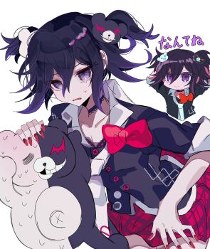 Rule 34 | 1boy, bear hair ornament, black choker, black hair, black shirt, bow, choker, collared shirt, commentary request, cosplay, danganronpa (series), danganronpa v3: killing harmony, enoshima junko, enoshima junko (cosplay), hair between eyes, hair ornament, highres, kurushi (4 taaaa 4), looking at viewer, medium hair, multiple views, nail polish, oma kokichi, open mouth, plaid clothes, plaid skirt, pleated skirt, purple hair, red bow, red nails, red skirt, shirt, skirt, smile, sweat, teeth, translation request, twintails, white background