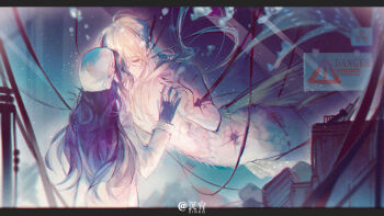 1boy 1girl air_bubble alkaid_mcgrath artist_name beret black_border black_gloves black_hair blonde_hair border bow bubble cable chinese_commentary closed_eyes coat couple covered_mouth facing_another facing_away fingernails fins gloves hair_between_eyes hat hat_bow head_fins heroine_(lovebrush_chronicles) hetero indirect_kiss letterboxed long_hair long_sleeves lovebrush_chronicles machine medium_hair merman monster_boy monsterification palms_together radiation_symbol restrained scar scar_on_arm scar_on_stomach sharp_fingernails sign sinko123 topless_male warning_sign water_tank white_bow white_coat white_hat