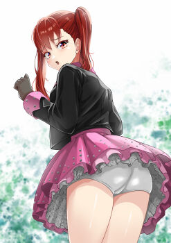 1girl :o absurdres ass black_gloves black_shirt dress gloves highres juuta-rou kyoubashi_amane long_sleeves looking_at_viewer looking_back medium_hair panties pantyshot pink_dress red_eyes red_hair school_girl_strikers shirt simple_background solo standing studded_skirt twintails underwear white_panties