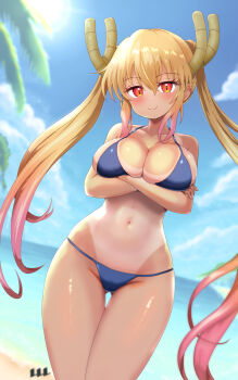 1girl arms_under_breasts bare_shoulders beach bikini blonde_hair blue_bikini blue_sky blush breasts cleavage closed_mouth cloud collarbone commentary_request cowboy_shot crossed_arms day dragon_girl dragon_horns gluteal_fold gradient_hair groin hair_between_eyes highres horns kobayashi-san_chi_no_maidragon large_breasts long_hair looking_at_viewer multicolored_hair navel ocean one-piece_tan orange_eyes outdoors palm_tree pink_hair red_eyes reiwa_rerere shiny_skin skindentation sky slit_pupils smile solo standing stomach swimsuit tan tanline thigh_gap tohru_(maidragon) tree twintails very_long_hair