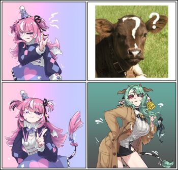 Rule 34 | 2girls, animal ears, bell, blue eyes, camila (cami 3.0) (vtuber), camila (vtuber), coat, colored sclera, commentary, cow, cow ears, cow girl, cow horns, cowbell, crelly, crelly (crelly 3.0), drakeposting (meme), english commentary, facial mark, green hair, hair ornament, heterochromia, highres, horns, indie virtual youtuber, long hair, long sleeves, meme, multicolored hair, multiple girls, photo inset, pink hair, pointy ears, purple eyes, red eyes, ribbon, shirt, slanter0116, smile, streaked hair, tail, trench coat, virtual youtuber, white shirt, white streaks
