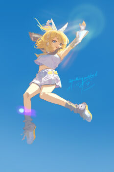 Rule 34 | 1girl, absurdres, armpits, arms up, bare shoulders, belt, black leg warmers, black sailor collar, black sleeves, blonde hair, blue eyes, blue sky, bow, commentary, day, denim, denim shorts, detached sleeves, english commentary, fingerless gloves, floating clothes, floating hair, full body, gloves, hair bow, happy, highres, jumping, kagamine rin, lace-trimmed sailor collar, leg warmers, long sleeves, looking at viewer, midriff peek, neckerchief, open mouth, outdoors, pocket, pudding (puddingpuddinh), sailor collar, shirt, shoes, short hair, shorts, signature, sky, sleeveless, sleeveless shirt, smile, sneakers, solo, vocaloid, white bow, white shirt, white shoes, white shorts, wide sleeves, yellow belt, yellow neckerchief