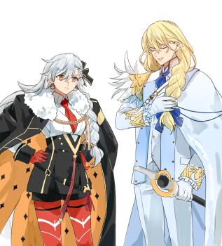 1boy 1girl alternate_hairstyle ascot black_bow black_coat black_shorts blonde_hair blue_ascot blue_bow bow braid cape closed_eyes closed_mouth coat coat_on_shoulders collared_shirt commentary_request diamond-shaped_pupils diamond_(shape) earrings fate/grand_order fate_(series) feathers formal_clothes frilled_sleeves frills fur-trimmed_coat fur_trim gloves gold_earrings gold_trim hair_between_eyes hair_over_shoulder hand_up hands_on_own_hips high-waist_shorts highres holding holding_staff hoop_earrings jacket jewelry kirschtaria_wodime long_hair long_sleeves looking_at_another low-tied_long_hair mage_staff necktie olga_marie_animusphere olga_marie_animusphere_(unbeast) open_clothes open_jacket open_mouth orange_eyes pants pantyhose red_gloves red_necktie red_pantyhose shirt shorts side_braid side_cape simple_background single_braid sleeve_cuffs smile staff standing suit sweater_guard symbol-shaped_pupils teeth tsengyun two-sided_cape two-sided_coat two-sided_fabric upper_teeth_only vest white_background white_cape white_feathers white_gloves white_hair white_jacket white_pants white_shirt white_suit white_vest