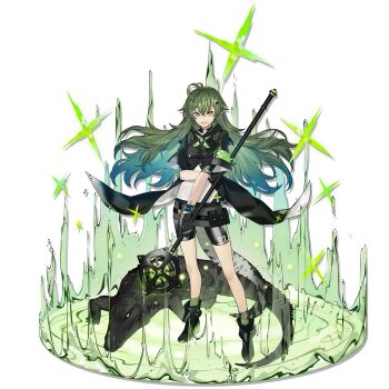 1girl ankle_boots antenna_hair arknights arm_up armband belt black_boots black_dress black_gloves boots breasts crocodile crocodilian crocodilian_tail dress floating_hair full_body gavial_(arknights) gavial_(elite_ii)_(arknights) gloves green_hair green_socks green_tail grey_shorts grin hair_between_eyes hair_ornament hairclip high_collar high_heel_boots high_heels highres holding holding_staff hood hood_down hooded_jacket infection_monitor_(arknights) jacket kneehighs leg_up llc long_hair looking_at_viewer material_growth medium_breasts messy_hair official_art originium_arts_(arknights) oripathy_lesion_(arknights) pointy_ears pouch ribbed_socks shirt shorts sidelocks smile socks solo staff standing standing_on_one_leg tail transparent_background white_shirt yellow_eyes