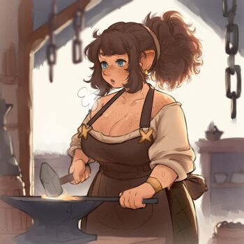 1girl anvil apron blacksmith blurry body_freckles breasts breath brown_apron brown_hair brown_skirt chain closed_mouth commentary cowboy_shot depth_of_field dwarf earrings english_commentary freckles glowing_hot hammer highres holding holding_hammer indoors jewelry large_breasts large_ears off_shoulder open_mouth original pointy_ears ponytail shirt sigh skirt sleeves_rolled_up smithing solo sweat tateoftot white_shirt working