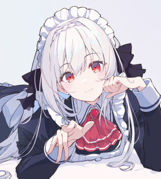 1girl alternate_costume black_dress black_ribbon braid center_frills closed_mouth coffee1223 collar commentary_request crown_braid dot_nose dress enmaided frilled_dress frills hair_between_eyes hair_ornament highres light_blush long_hair long_sleeves looking_at_viewer lying maid maid_headdress multicolored_dress red_eyes ribbon sakurakouji_luna simple_background solo tsuki_ni_yorisou_otome_no_sahou white_background white_collar white_dress white_hair