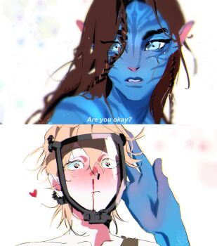 1boy 1girl alien alien_stage blonde_hair blood blue_eyes blue_skin blush braid brown_hair colored_skin commentary english_commentary english_text hand_on_another's_head heart highres hyuna_(alien_stage) james_cameron's_avatar long_hair luka_(alien_stage) mask na'vi nosebleed pointy_ears uchiha_i_arts yellow_eyes