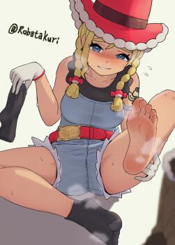 Rule 34 | 1girl, barefoot, black socks, blonde hair, blue eyes, blush, braid, cowboy hat, feet, hat, highres, kitt (pokemon), long hair, looking at viewer, overall shorts, overalls, parted lips, pokemon, pokemon champions, robata kuri, socks, soles, steam, sweat, toes, twin braids, unworn socks
