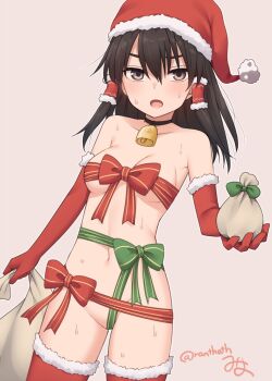 1girl bell black_hair boots bow breasts brown_background brown_eyes commentary_request cowboy_shot elbow_gloves frilled_hair_tubes frills fur-trimmed_boots fur-trimmed_gloves fur-trimmed_headwear fur_trim gloves green_bow green_ribbon hair_between_eyes hair_tubes hakurei_reimu hat highres holding holding_sack long_hair looking_at_viewer medium_breasts miyo_(ranthath) naked_ribbon navel neck_bell open_mouth red_boots red_bow red_gloves red_hat red_ribbon ribbon sack santa_hat signature solo sweat touhou twitter_username