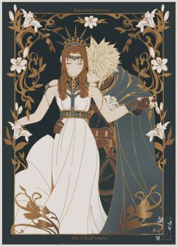 1boy 1girl absurdres aerith_gainsborough aerith_gainsborough_(loveless_dress) artist_name belt black_background black_jacket black_pants blonde_hair blue_cloak border breasts brown_belt brown_gloves brown_hair chest_harness circlet cloak closed_eyes cloud_strife cloud_strife_(alphreid_costume) couple cowboy_shot crown dress earrings english_text final_fantasy final_fantasy_vii final_fantasy_vii_rebirth final_fantasy_vii_remake flower gloves grey_border hair_between_eyes hand_on_another&#039;s_waist harness hetero highres holding_hands jacket jewelry lily_(flower) long_dress long_hair medium_breasts official_alternate_costume pants parted_bangs princess_rosa_costume shanlieart short_hair sidelocks single_earring sleeveless sleeveless_dress spiked_hair white_dress white_flower