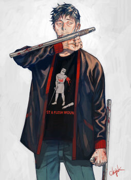 1boy black_eyes black_hair black_jacket black_shirt blood blood_on_face blood_on_hands blood_on_mask bloody_weapon blue_pants ctkcave facial_hair holding holding_weapon jacket male_focus mask mature_male monty_python monty_python_and_the_holy_grail mouth_mask mustache open_clothes open_jacket original pants print_shirt scene_reference shirt simple_background solo weapon white_background