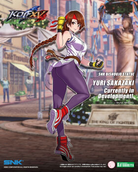 1girl ass braid braided_ponytail breasts brown_eyes brown_hair dougi female_focus from_behind gloves hairband highres huge_ass huge_breasts karate_gi large_breasts leggings long_hair looking_at_viewer looking_back outdoors pale_skin pants shoes skirt smile smiley_face sneakers spandex standing the_king_of_fighters the_king_of_fighters_xv thick_thighs thighs tight_clothes tight_pants yoga_pants yuri_sakazaki