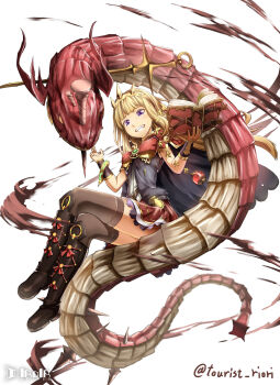 1girl blonde_hair blunt_bangs book boots cagliostro_(granblue_fantasy) cape crossed_legs crown frilled_skirt frills full_body granblue_fantasy grin highres iroia knee_boots long_hair looking_at_viewer ouroboros_(granblue_fantasy) purple_eyes revision sitting skirt smile snake spikes stab sword thighhighs weapon