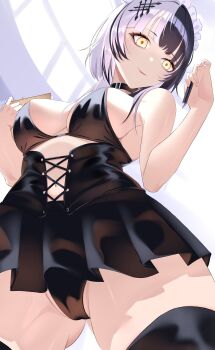 Rule 34 | 1girl, absurdres, adapted costume, bare shoulders, bikini, black bikini, black choker, black dress, black hair, breasts, choker, cleavage, dress, frilled bikini, frills, grey hair, hair ornament, highres, holding, holding pen, hololive, hololive english, large breasts, long hair, looking at viewer, mahiruuu, maid, maid bikini, maid headdress, multicolored hair, pen, shiori novella, simple background, smile, solo, split-color hair, swimsuit, thighhighs, two-tone hair, unconventional maid, virtual youtuber, yellow eyes