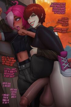 1boy 1girl ahoge black_pantyhose black_shirt breasts brown_hair cherri_(bagbutalsotrash) english_text felix_(alenzajewel) grey_shorts grin hair_over_one_eye heart heart_ahoge hetero highres midriff navel open_mouth original pantyhose penis picturd pink_hair pink_lips pink_shoes shirt shoes short_hair shorts small_breasts smile sunset testicles