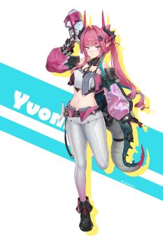 Rule 34 | 1girl, absurdres, aqua eyes, aqua hair, arknights, arknights: endfield, belt, black belt, black collar, black gloves, black horns, black shoes, blush, breasts, character name, closed mouth, collar, commentary, cone hair bun, detached sleeves, double bun, full body, gloves, gradient eyes, green eyes, green tail, gun, hair bun, hair intakes, hair ornament, hairclip, highres, holding, holding gun, holding weapon, horns, jacket, large breasts, long hair, long sleeves, looking at viewer, multicolored eyes, multicolored gloves, multicolored hair, multicolored horns, navel, pants, pink gloves, pink hair, pink horns, pink jacket, pink lips, pink sleeves, pink tail, pointy ears, purple eyes, sharpy (kdy000913), shoes, short eyebrows, smile, solo, standing, standing on one leg, stomach, streaked hair, thighs, twintails, twitter username, two-tone gloves, two-tone hair, two-tone horns, two-tone tail, weapon, white background, white pants, yvonne (arknights), zipper, zipper pull tab