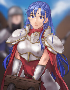 Rule 34 | 1girl, absurdres, armor, tear ring saga series: berwick saga, blue eyes, blue hair, blurry, breastplate, bruise, commission, depth of field, dress, hazuki (nyorosuke), highres, injury, larentia (tear ring saga), long hair, red dress, restrained, shoulder armor, skeb commission, solo focus, stocks, sweat, tear ring saga, tear ring saga series: berwick saga, torn clothes, torn dress