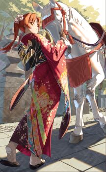 1girl alternate_costume back breasts brown_eyes brown_hair commentary_request day floral_print floral_print_kimono flower full_body girls_und_panzer hair_flower hair_ornament highres horse japanese_clothes kadotani_anzu kimono large_breasts liberta815 looking_at_viewer looking_back outdoors print_kimono red_kimono sandals solo standing twintails