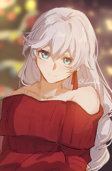 Rule 34 | 1girl, bare shoulders, blue eyes, blurry, blurry background, braid, braided ponytail, christmas tree, closed mouth, earrings, hashtag-only commentary, honkai (series), honkai impact 3rd, ioichiha, jewelry, kallen kaslana, long hair, long sleeves, looking at viewer, necklace, red sweater, signature, single earring, smile, solo, sweater, tareme, white hair