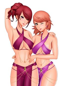 2girls armpits bare_shoulders breasts brown_eyes brown_hair clothing_cutout dancer detached_sleeves earrings jewelry kirijou_mitsuru large_breasts lips long_hair looking_at_viewer multiple_girls one_eye_closed one_eye_covered pelvic_curtain persona persona_3 ponytail red_eyes red_hair ryan_(rrl0215) short_hair sideboob sleeveless takeba_yukari thighhighs underboob waist_grab wink yuri
