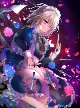 1girl apron back_bow blue_dress blue_flower blue_petals blue_rose bow braid chromatic_aberration commentary dress falling_petals flower green_bow grey_hair hair_bow holding holding_knife izayoi_sakuya juliet_sleeves kazu_(muchuukai) knife long_hair long_sleeves maid maid_headdress petals pink_flower pink_petals pink_rose puffy_sleeves purple_eyes rose solo touhou twin_braids waist_apron white_apron white_bow