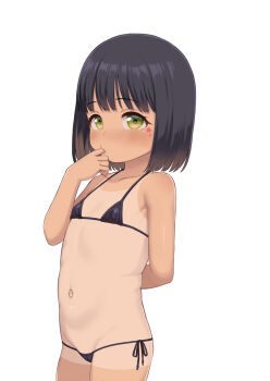 1girl arm_behind_back atg_(wttoo0202) bare_arms bare_hips bare_shoulders stomach bikini black_bikini black_hair blush bob_cut cameltoe cowboy_shot curious dark-skinned_female dark_skin female_focus finger_to_mouth flat_chest green_eyes groin highres legs_together loli looking_at_viewer lowleg lowleg_bikini micro_bikini midriff navel original preschooler short_hair side-tie_bikini_bottom simple_background solo standing stomach swimsuit tan tanline thighs white_background