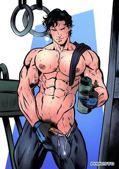 1boy abs absurdres artist_name bara batman_(series) black_gloves black_hair black_pants black_shirt blue_eyes blue_gloves bottle bulge closed_mouth crotch_grab dc_comics dick_grayson erection erection_under_clothes gloves highres holding holding_bottle large_pectorals male_focus male_pubic_hair muscular muscular_male navel nightwing nipples pants pectorals penis penis_peek phausto pubic_hair shirt shirt_on_shoulders short_hair solo sweat two-tone_gloves water_bottle