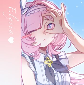 1girl blue_eyes blue_sky breasts character_name chinese_commentary commentary_request elysia_(honkai_impact) hairband heart highres honkai_(series) honkai_impact_3rd long_hair medium_breasts one_eye_closed pink_hair shirt sky solo upper_body very_long_hair white_hairband white_shirt yinanhuahua