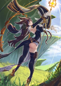 1girl absurdres ass black_thighhighs breasts brown_hair closed_eyes extra_ears from_behind full_body galleon_(granblue_fantasy) granblue_fantasy highres horns large_breasts multicolored_hair pointy_ears single_thighhigh solo streaked_hair tatsumi_yashiro thighhighs