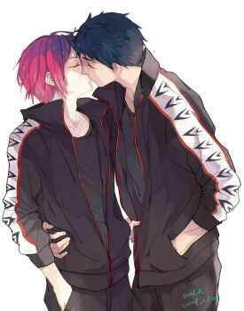 Rule 34 | 2boys, adam's apple, black hair, black shirt, closed eyes, commentary request, free!, french kiss, hand in pocket, jacket, kiss, male focus, matsuoka rin, mee (doremee), multiple boys, partially unzipped, pink hair, shirt, short hair, simple background, standing, unzipped, white background, yamazaki sousuke, yaoi
