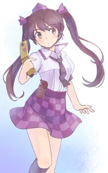 1girl belt_pouch black_necktie black_socks blue_background brown_eyes brown_hair cellphone checkered_clothes checkered_skirt commentary_request feet_out_of_frame flip_phone frilled_shirt_collar frills hair_ribbon hand_up hat himekaidou_hatate holding holding_phone kneehighs knees light_blush long_hair necktie one-hour_drawing_challenge parted_lips phone pouch purple_hat purple_ribbon purple_skirt rangycrow ribbon shirt short_sleeves sideways_glance skirt socks solo thighs tokin_hat touhou twintails white_shirt