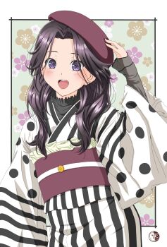 1girl 22/7 absurdres adjusting_clothes adjusting_headwear artist_name border commentary_request cowboy_shot curtained_hair floral_background grey_hair hat highres japanese_clothes kimono long_hair looking_at_viewer minaduki4989 obi open_mouth orihara_sumika outside_border purple_eyes purple_hat sash shirt_under_kimono solo standing teeth upper_teeth_only white_border wide_sleeves