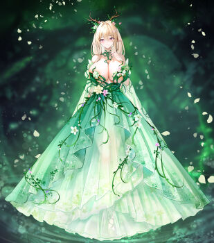 1girl absurdres akusamu alternate_costume areola_slip azur_lane blonde_hair breasts cleavage commentary_request dress dress_flower elf flower full_body gouden_leeuw_(azur_lane) green_dress hair_between_eyes highres huge_breasts long_dress looking_at_viewer pink_flower pointy_ears purple_eyes see-through_clothes see-through_dress skindentation sleeveless sleeveless_dress solo strapless strapless_dress white_flower