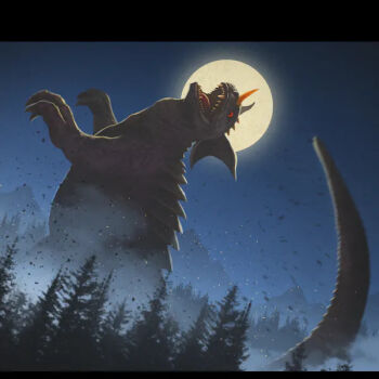 baragon_(godzilla) benedict_pictures_corporation claws crossover forest frankenstein frankenstein_vs._baragon full_moon giant giant_monster glowing glowing_horns godzilla_(series) horns kaiju monster moon nature night no_humans open_mouth red_eyes roaring sharp_teeth single_horn suttoko tail teeth toho tongue tree