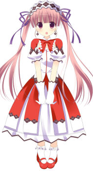 1girl :d bad_id bad_pixiv_id brown_eyes earrings female_focus gloves hairband jewelry lolita_hairband long_hair looking_at_viewer minette open_mouth pink_hair riria_(happy_strawberry) shukufuku_no_campanella simple_background smile solo twintails very_long_hair white_background white_gloves