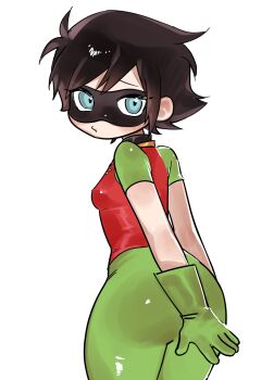 10009_xp 1girl ass batman_(series) black_hair blue_eyes borrowed_character breasts commentary_request dc_comics domino_mask eye_mask highres korean_commentary mask pantyhose robin_(batrobin_k) short_hair simple_background small_breasts superhero_costume white_background