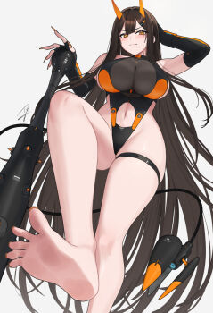 1girl barefoot black_hair blush breasts closed_mouth clothing_cutout commentary_request feet fingernails hayabusa_(vert_320) highleg highres horns large_breasts long_fingernails long_hair looking_at_viewer mole mole_on_stomach mole_under_eye navel navel_cutout original raiden_(hayabusa) simple_background smile soles solo tail thigh_strap thighs toes white_background