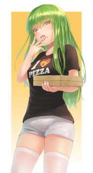 1girl absurdres black_shirt border breasts c.c. casual clothes_writing code_geass cowboy_shot eating food food_on_face green_hair hand_up highres holding holding_food holding_pizza kanogawa_hiro licking licking_finger long_hair looking_at_viewer open_mouth pizza pizza_box print_shirt shirt short_shorts shorts skindentation solo standing t-shirt thighhighs thighs tongue tongue_out white_border white_shorts white_thighhighs yellow_background yellow_eyes