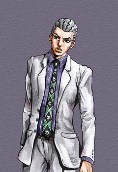 Rule 34 | 1boy, araki hirohiko (style), black eyes, black hair, black necktie, brown lips, collared shirt, commentary request, diamond wa kudakenai, grey background, grey hair, hatching (texture), highres, jacket, jojo no kimyou na bouken, kaib0y, kawajiri kosaku, kira yoshikage, long sleeves, male focus, necktie, pants, purple shirt, shirt, solo, striped hair, suit jacket, white jacket, white pants
