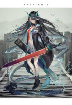 Rule 34 | 1girl, arknights, black hair, dragon girl, dragon horns, dragon tail, dusk (arknights), earrings, eastern dragon tail, green horns, hair over one eye, highres, horns, jewelry, long hair, omeletricetaro3, pointy ears, red eyes, solo, tail, tassel, tassel earrings