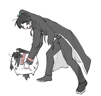 Rule 34 | 2boys, :d, all fours, animalization, black coat, black hair, black pants, black shoes, coat, commentary, grabbing another's stomach, hong lu (project moon), jia qiu (project moon), leaning forward, limbus company, long hair, male focus, multiple boys, open mouth, pants, ponytail, project moon, sash, shoes, shoggoth (sirens20211), shoulder sash, smile, symbol-only commentary