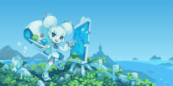 1girl 2019 absurdres animal_ears blue_bike_shorts blue_sky boat bug butterfly canvas_(object) chinese_commentary colored_skin commentary cube double_bun dress easel english_commentary furry furry_female grass hair_bun head_tilt highres hill holding holding_stylus insect island joints kde kiki_the_cyber_squirrel krita_(medium) krita_(software) lighthouse long_sleeves looking_at_viewer mascot ocean open_mouth original outdoors paint_palette painting_(action) railing reflection robot robot_joints rock sailboat seaside shoes signature sky smile sneakers splash_image squirrel squirrel_ears squirrel_girl squirrel_tail stylus symbol_in_eye tail tsurime tyson_tan watercraft white_dress white_hair white_skin