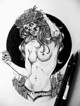 Rule 34 | 1girl, arm behind head, art tools in frame, breasts, candle, cigarette, greyscale, head wreath, holding, holding cigarette, kensuke creations, millipen (medium), monochrome, navel, original, panties, pen (medium), photo (medium), skull, small breasts, solo, topless female, traditional media, underwear, upper body